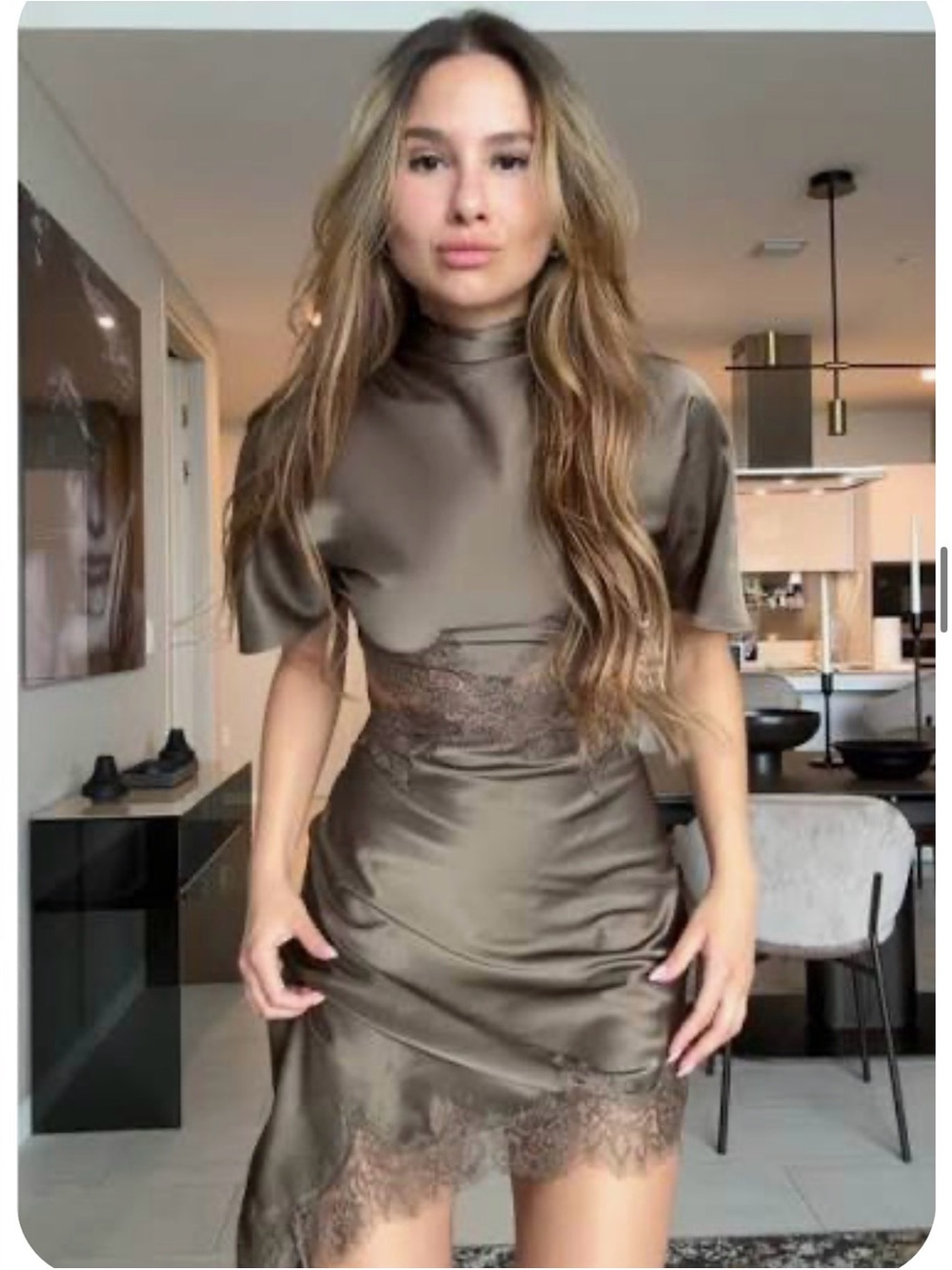 NWT Zara Olive Mink Lace-Trim Short Cut Out Dress Medium 5919/041 Satin Effect - Picture 6 of 8
